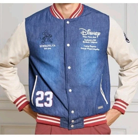 NEW Disney Animation Denim Varsity Jacket Men XL Embroidered Logo Cartoon Lined